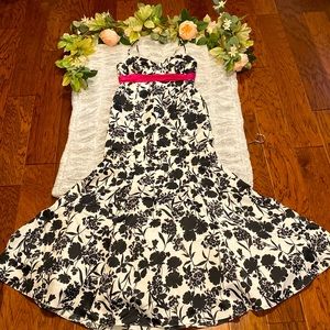 Size 8 Cache formal dress. Black and white with flower design and pink strap.